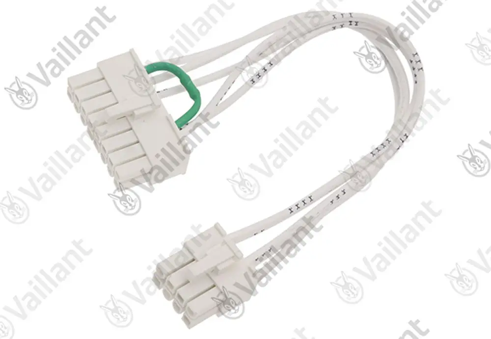 Vaillant Kabelbaum mit mehreren Anschlüssen und einem grünen Verbindungselement, geeignet für elektrische Verbindungen in Heizungsanlagen.
